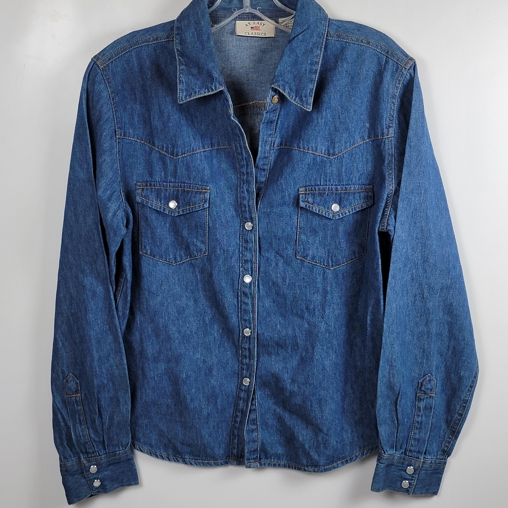At Last Classics Vintage Denim Longsleeve Button Down Top with Pearl Buttons, Lg